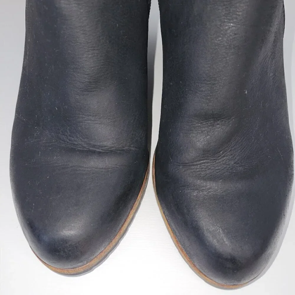 Biala Black Leather Wedge Ankle Boots Side Zip Ankle Buckle Bootie Women’s SZ 37